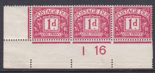 D2 1d Royal Cypher Postage due Control I16 Imperf strip of 3 UNMOUNTED MINT MNH