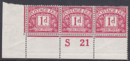 D2wi 1d Royal Cypher Postage due Control S 21 perf Strip of 3 UNMOUNTED MINT