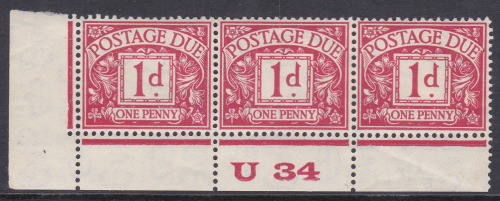 D11 1d Harrison Printings Postage due U34 perf Strip of 3 Unounted Mint
