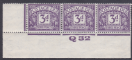D14 3d Block Cypher Postage due Control Q 32 strip of 3 Imperf Mounted In Margin