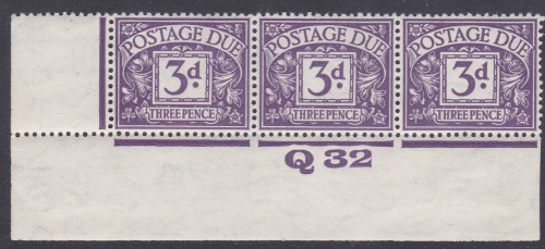 D14 3d Block Cypher Postage due Control Q 32 strip of 3 Imperf Mounted In Margin