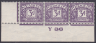 D14 3d Harrison Perf Postage due Control Y36 strip of 3 Imperf Mounted Margin