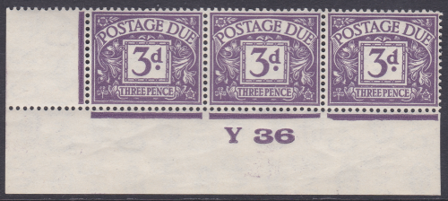 D14 3d Harrison Perf Postage due Control Y36 strip of 3 Imperf Mounted Margin