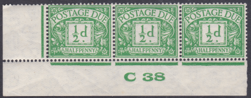 D27 ½d George VI Postage due Control strip of 3 C 38  UNMOUNTED MINT