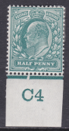 Sg 216 ½d Blue-Green Control C4 imperf Cut under LF plate 9d De La Rue M M