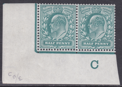 Sg 216 ½d Blue-Green Control De La Rue C Imperf Cont. Rule pair UNMOUNTED MINT