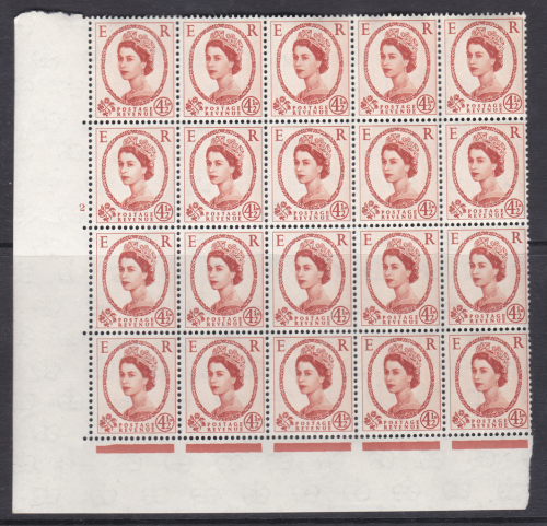 4d Wilding Multi Crown on Cream Cyl 2 Dot perf A(E I) blck of 20 UNMOUNTED MINT