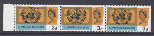 Sg 681c 1965 United Nations 3d (Ord) strip of 3 flying saucer retouch U M