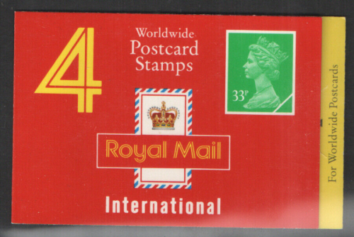 GJ1a Barcode Booklet 4 x 33p Worldwide Postcard stamps - Cylinder W2W1W1