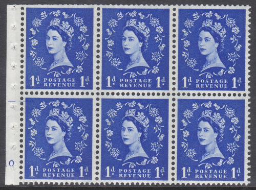 SB41 1d Wilding booklet pane Blue phos on Cream perf type I Cyl F10 No Dot U M