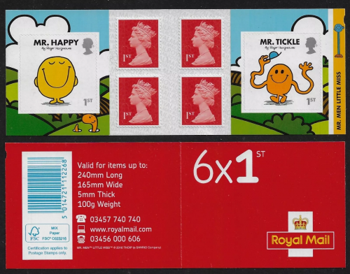 PM54 2016 Mr men 6 x 1st class stamps booklet - No cylinder - U M