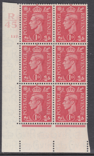 1937 1d Red R45 122 Dot perf 5(E I) Cylinder block of 6 UNMOUNTED MINT MNH