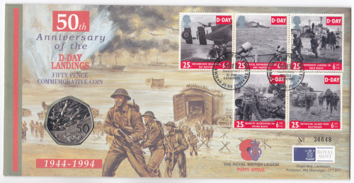 1990 50p 50th Anniversary D-Day Landings  royal mint coin cover no. 36648